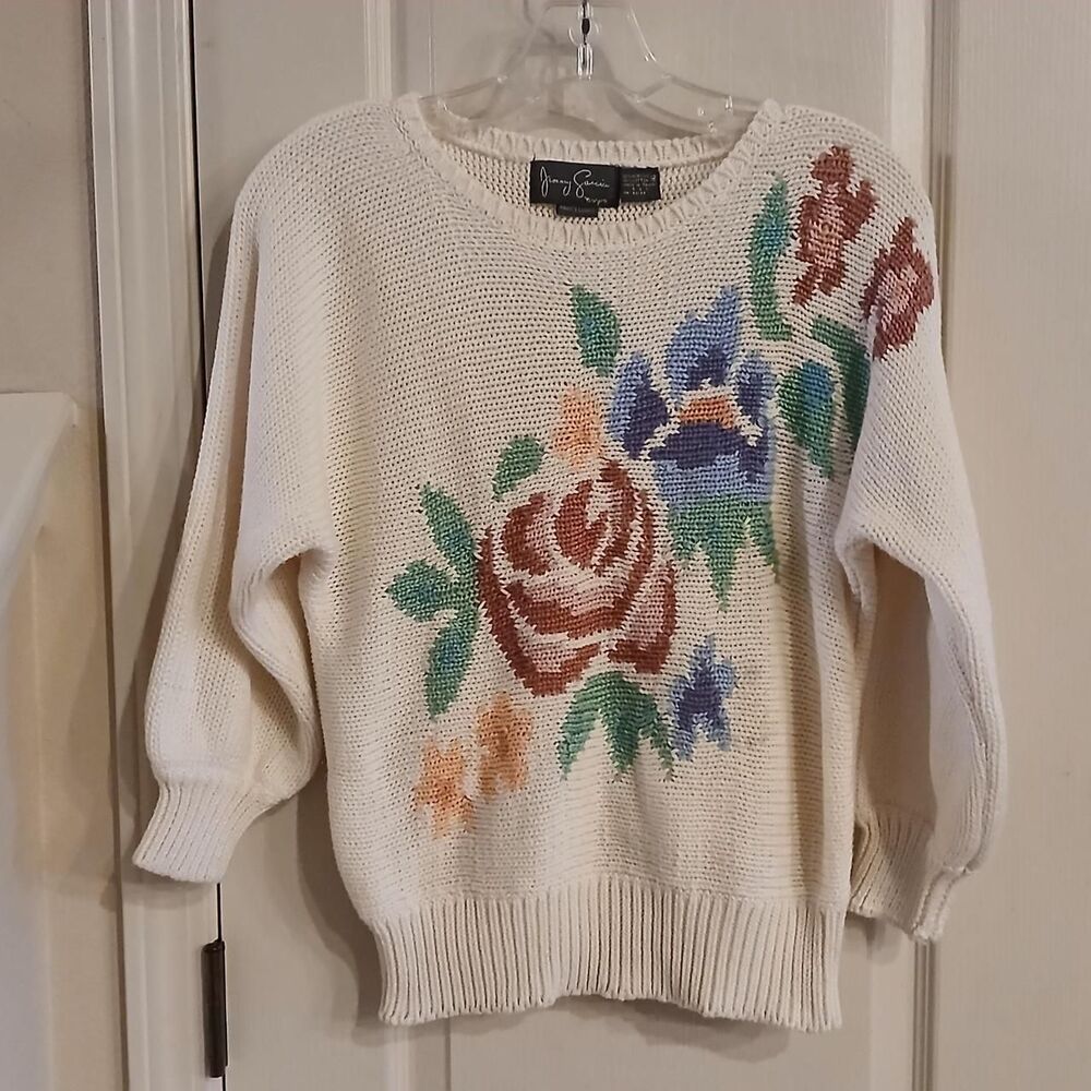 VTG Y2K 90s Jimmy Garcia Cream Floral Hand Loomed Knit Sweater M Cottagecore